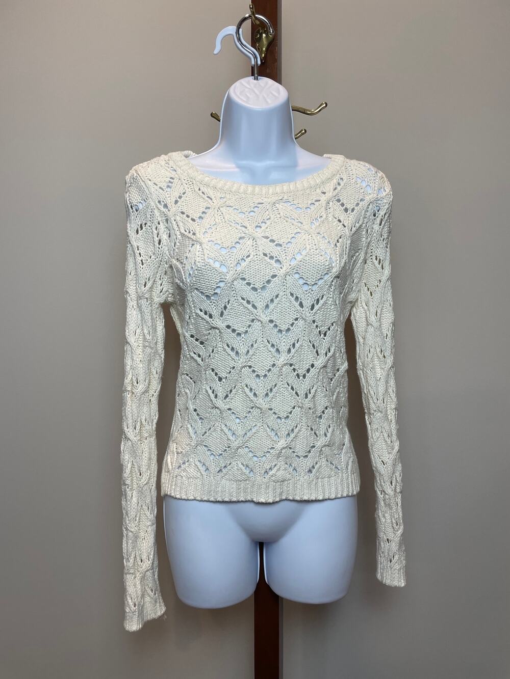 LOFT Loose Knit Crochet Sweater M Cream High Low